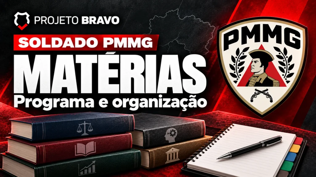 Capa editorial sobre Matérias de Soldado PMMG: programa e pesos da prova, com símbolo da PMMG.