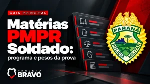 Guia de matérias da PMPR Soldado, com cartões do programa e brasão da corporação.