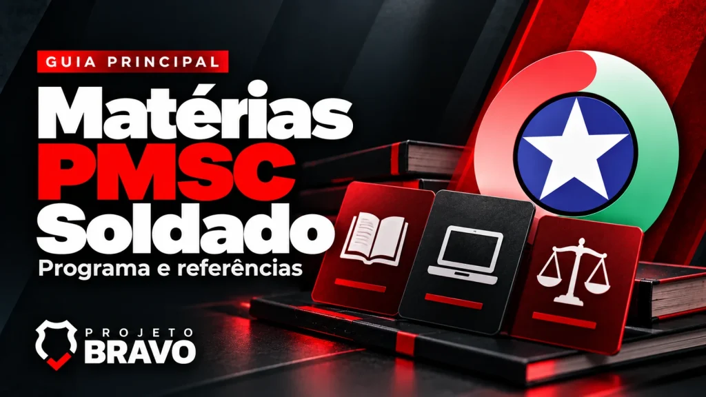 Capa matérias pmsc soldado, com cartões organizados com símbolos de livro, computador e legislação, símbolo da PMSC e marca Projeto Bravo.