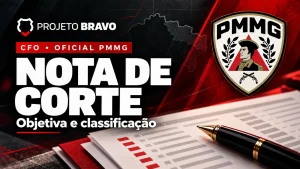 Capa editorial sobre Nota de corte CFO PMMG: mínimos e nota final, com símbolo da PMMG.