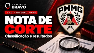 Capa editorial sobre Nota de corte e classificação do CHO PMMG, com símbolo da PMMG.