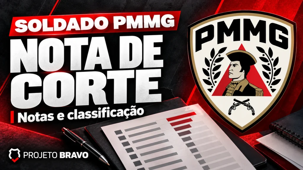 Capa editorial sobre Nota de corte de Soldado PMMG: mínimos, região e classificação, com símbolo da PMMG.