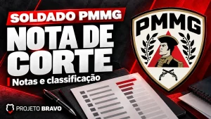 Capa editorial sobre Nota de corte de Soldado PMMG: mínimos, região e classificação, com símbolo da PMMG.