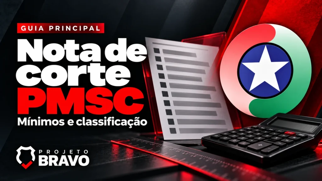 Capa nota de corte pmsc, com lista classificatória abstrata sem nomes ou valores, régua visual e calculadora, símbolo da PMSC e marca Projeto Bravo.