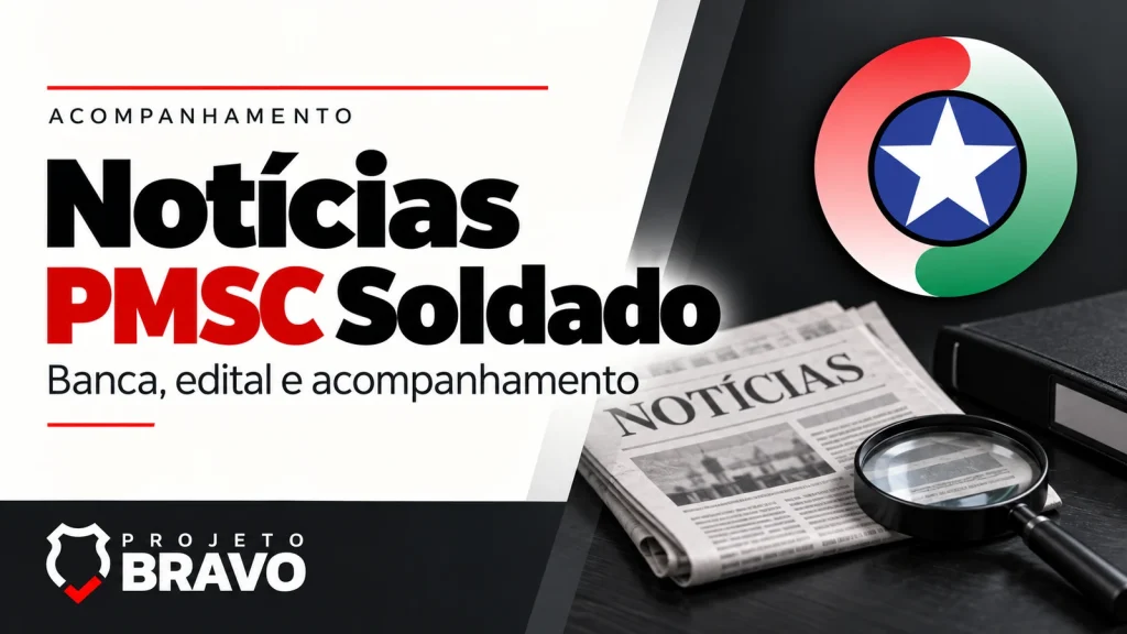 Capa sobre notícias da PMSC Soldado, com jornal, documentos e lupa, símbolo da PMSC e marca Projeto Bravo.