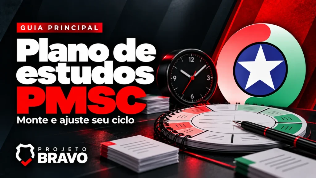 Capa plano de estudos pmsc, com agenda circular com blocos, relógio e fichas de revisão, símbolo da PMSC e marca Projeto Bravo.