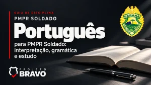 Português para PMPR Soldado, com livro aberto, caneta e brasão.
