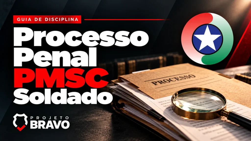 Capa processo penal, com pasta de processo, documentos sequenciais e lupa, símbolo da PMSC e marca Projeto Bravo.