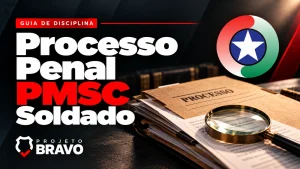 Capa processo penal, com pasta de processo, documentos sequenciais e lupa, símbolo da PMSC e marca Projeto Bravo.