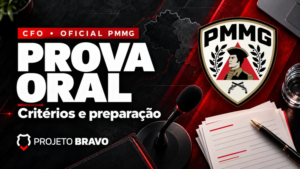 Capa editorial sobre Prova oral CFO PMMG: programa, tempo e avaliação, com símbolo da PMMG.