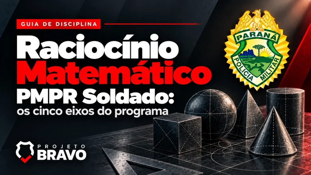 Raciocínio Matemático para PMPR Soldado, com cinco sólidos geométricos e brasão.