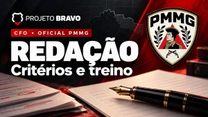 Capa editorial sobre Redação CFO PMMG: critérios do edital e roteiro de treino, com símbolo da PMMG.