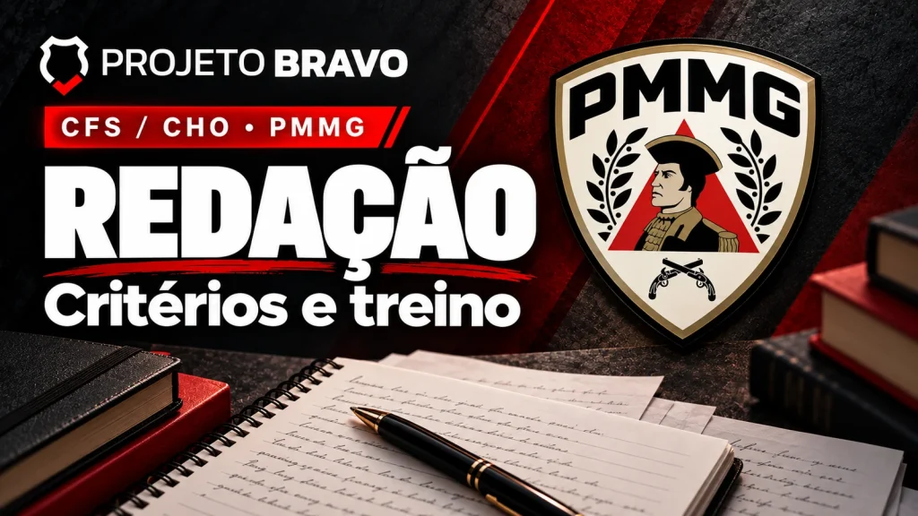 Capa editorial sobre Redação CFS e CHO PMMG: critérios e diferenças das edições, com símbolo da PMMG.