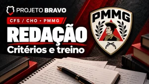 Capa editorial sobre Redação CFS e CHO PMMG: critérios e diferenças das edições, com símbolo da PMMG.