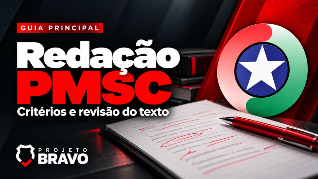 Capa sobre redação para PMSC Soldado, com folha de redação, anotações e caneta vermelha, símbolo da PMSC e marca Projeto Bravo.