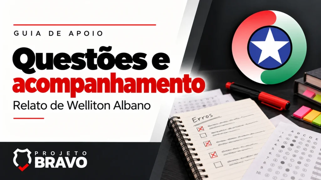 Capa sobre questões e acompanhamento para PMSC Soldado, com caderno de erros, folhas de questões e marcadores, símbolo da PMSC e marca Projeto Bravo.