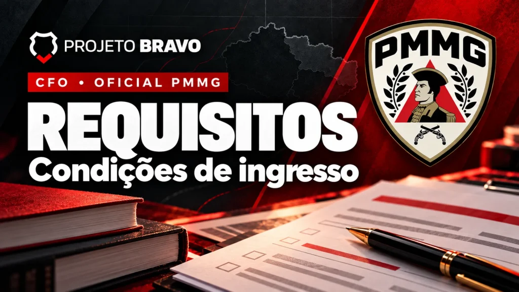 Capa editorial sobre Requisitos do CFO PMMG: Direito, nacionalidade, altura e CNH, com símbolo da PMMG.