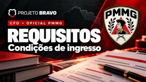 Capa editorial sobre Requisitos do CFO PMMG: Direito, nacionalidade, altura e CNH, com símbolo da PMMG.