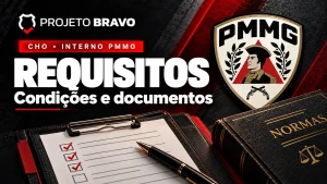 Capa editorial sobre Requisitos do CHO PMMG: graduação, tempo de serviço e matrícula, com símbolo da PMMG.