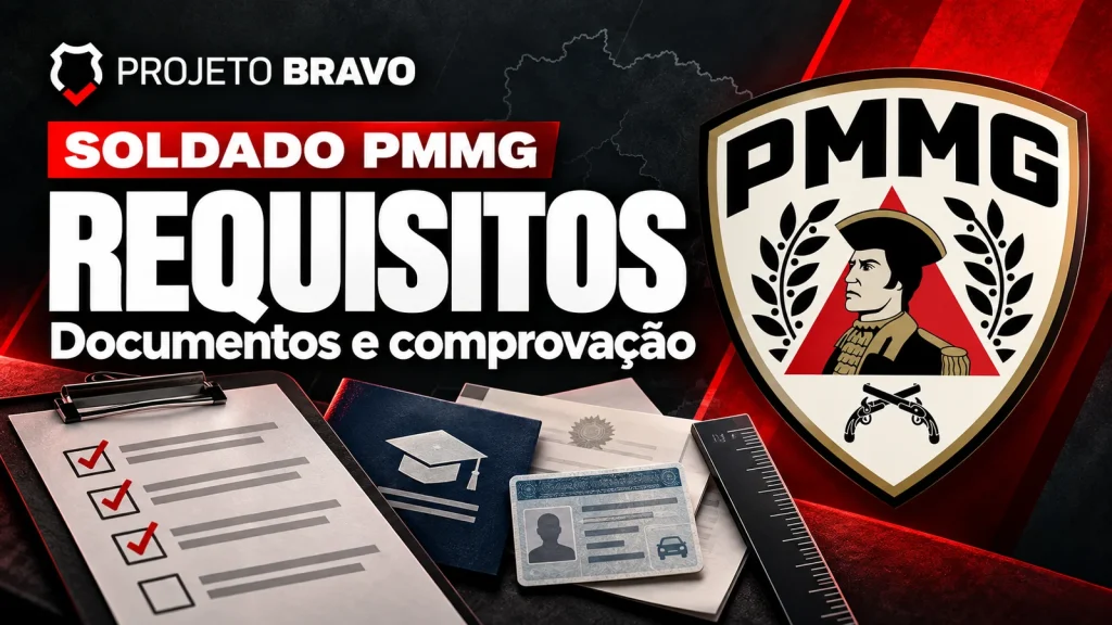 Capa editorial sobre requisitos de Soldado PMMG, com checklist de documentos e símbolo da PMMG.