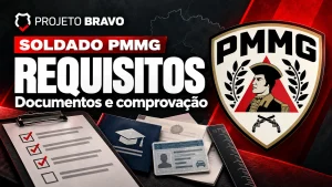Capa editorial sobre requisitos de Soldado PMMG, com checklist de documentos e símbolo da PMMG.