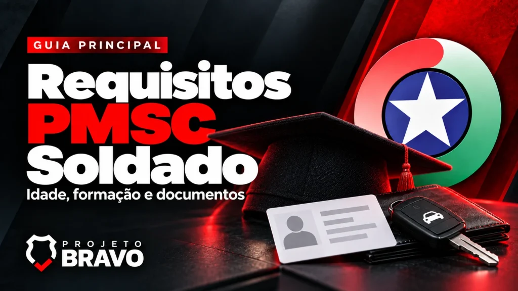 Capa sobre requisitos pmsc soldado para PMSC Soldado, com capelo, cartão neutro de identificação, carteira e chave de automóvel, símbolo da PMSC e marca Projeto Bravo.
