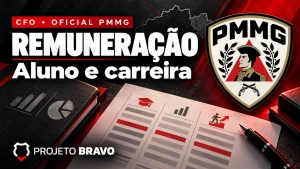 Capa editorial sobre Salário do CFO PMMG: cadete, aspirante e tenente, com símbolo da PMMG.