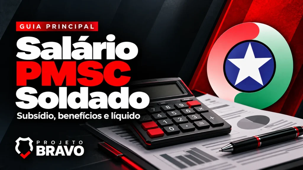 Capa salário pmsc soldado, com calculadora e demonstrativo financeiro abstrato sem valores, símbolo da PMSC e marca Projeto Bravo.