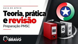 Capa teoria, prática e revisão, com três fichários sequenciais e seta circular discreta, símbolo da PMSC e marca Projeto Bravo.