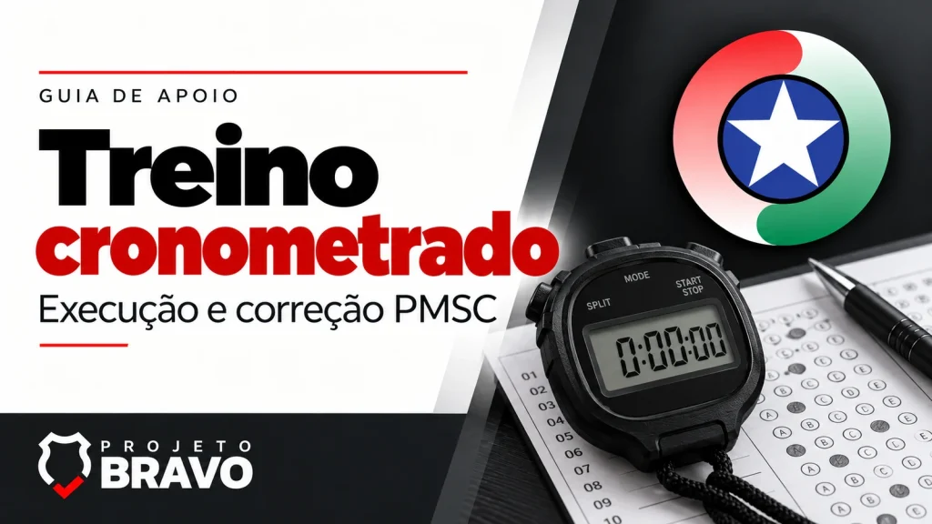 Capa treino cronometrado, com cronômetro e folha de questões com marcações abstratas, símbolo da PMSC e marca Projeto Bravo.