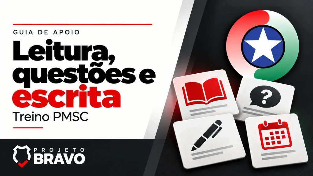 Capa leitura, questões e escrita, com quatro cartões com símbolos de livro, questão, caneta e agenda, símbolo da PMSC e marca Projeto Bravo.